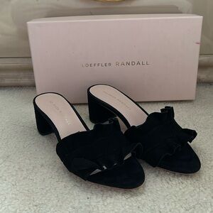 Loeffler Randall Vera slip on ruffled black sandals.